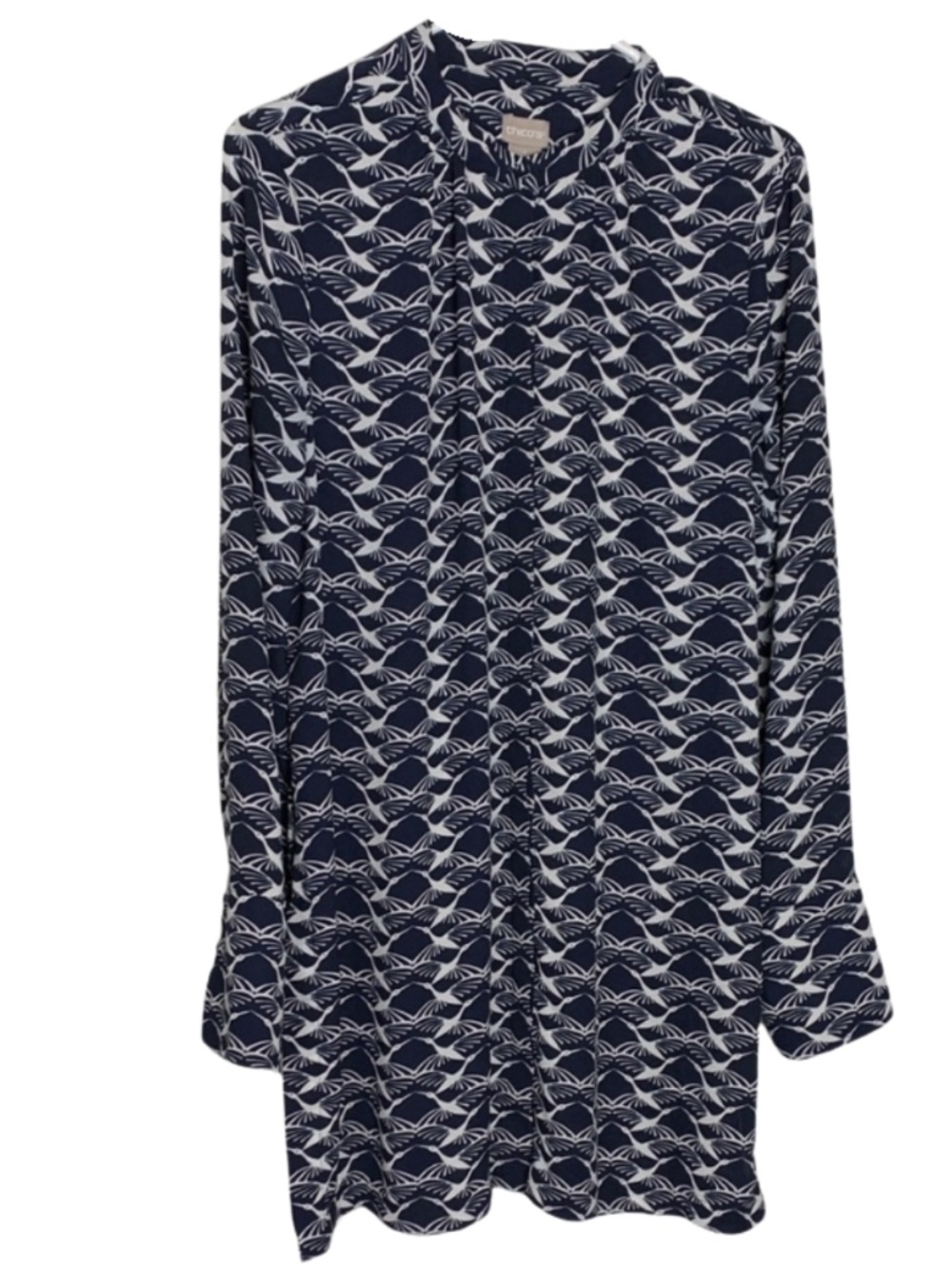 Chico's Navy White Geometric Crane Animal Print All Over Long w/TieTunic Women 1